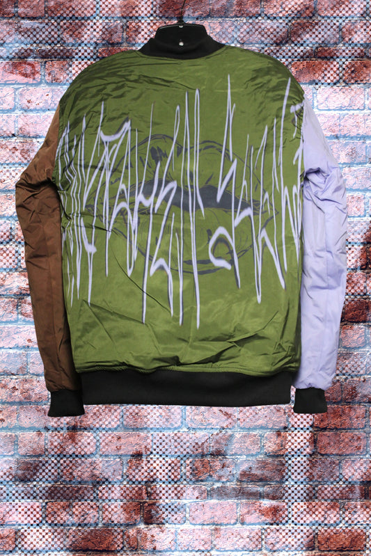 "Unspoken Soulz" Graphic Print Color Block Bomber Jacket (Money Mantra/Grit/Lavender Lake)