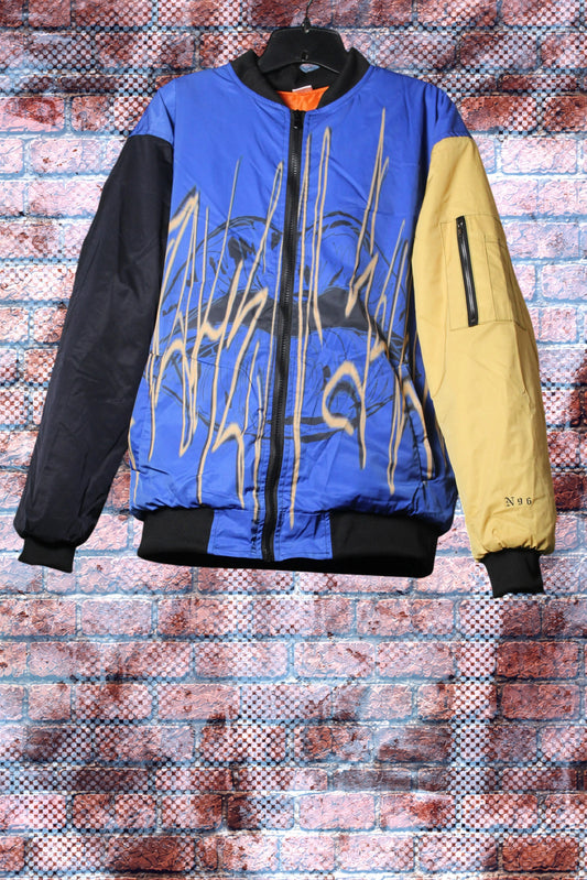 "Unspoken Soulz" Graphic Print Color Block Bomber Jacket (HumBlue/Sunshine Sand/Black)
