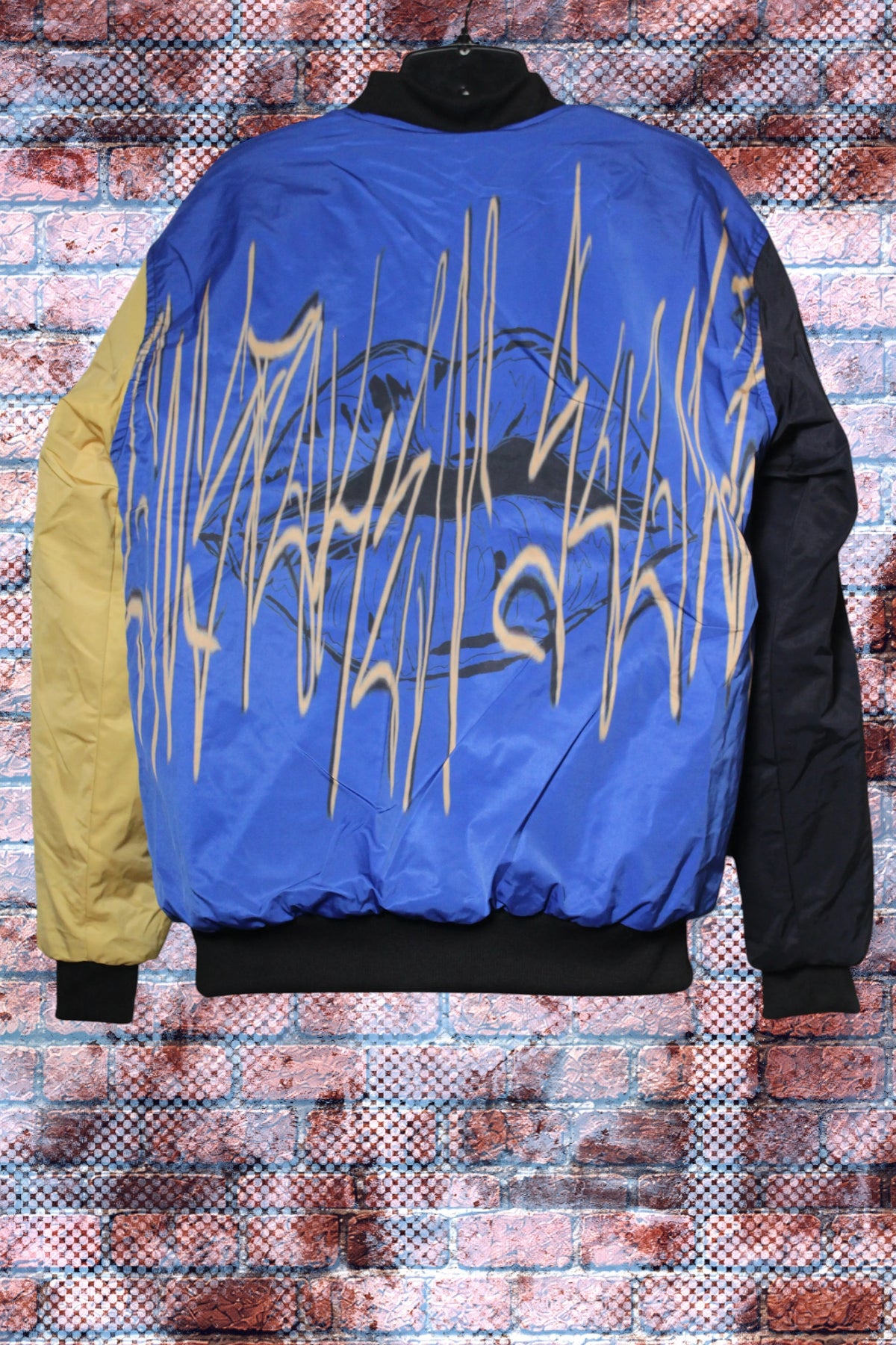 "Unspoken Soulz" Graphic Print Color Block Bomber Jacket (HumBlue/Sunshine Sand/Black)