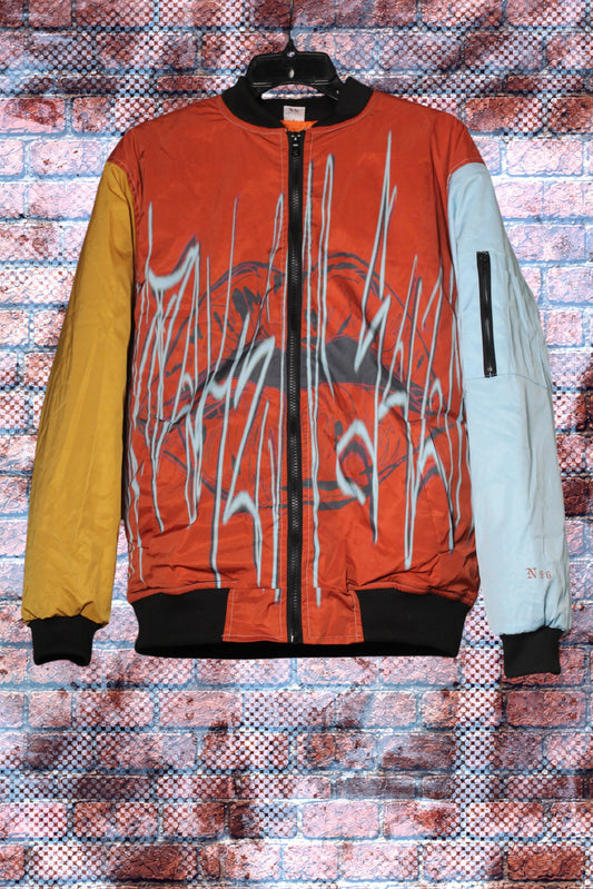 "Unspoken Soulz" Graphic Print Color Block Bomber Jacket (Ball-Owt/Sky Blue/Deserted Gold)